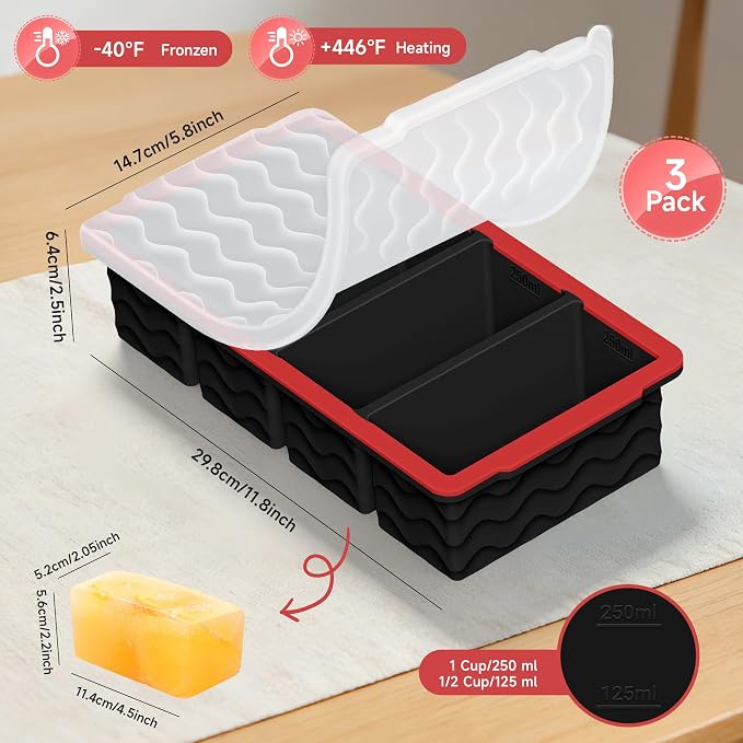 3-Pack Silicone Freezer Trays with Lid, Soup Freezer Container Molds, Silicone Freezer Molds, Ice Cube Tray for freezing Soup Sauce Broth Leftovers, Dishwasher & Oven Safe (1-cup,red)