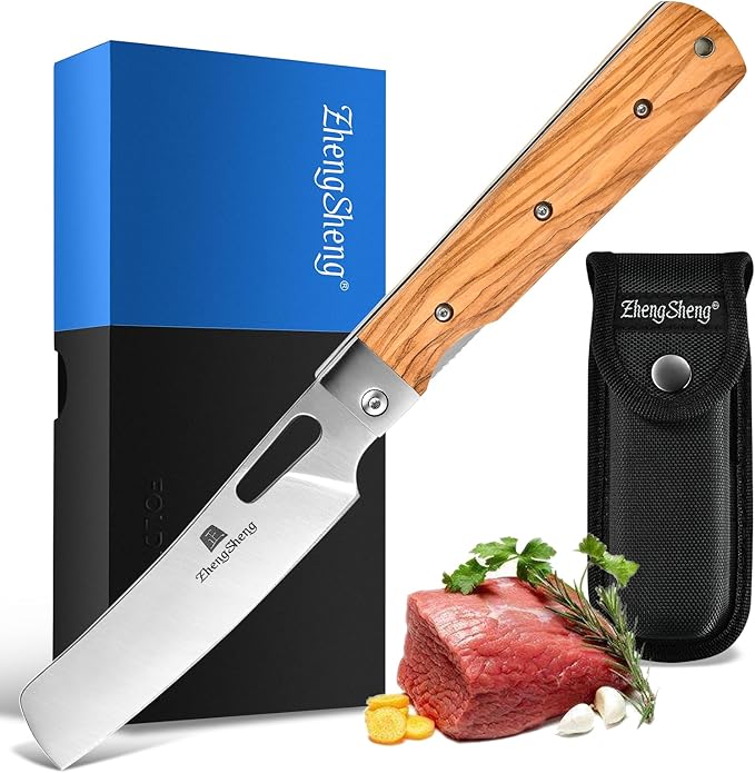 ZhengSheng Folding Chef Knife with Nylon Pouch 4.8” Ultra Sharp 440A Stainless Steel Blade Natural Olive Handle Pocket Foldable Japanese Style Kitchen Knife for Outdoor Camping BBQ trip Cooking.