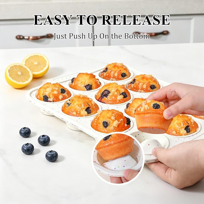 Vinino Silicone Muffin Pan with Reinforced Frame, Nonstick Cupcake Pan | Regular Size Silicone Muffin Pan for Baking with Non-Slip Handle, Muffin Tray for Oven, BPA Free, Dishwasher Safe-Cream