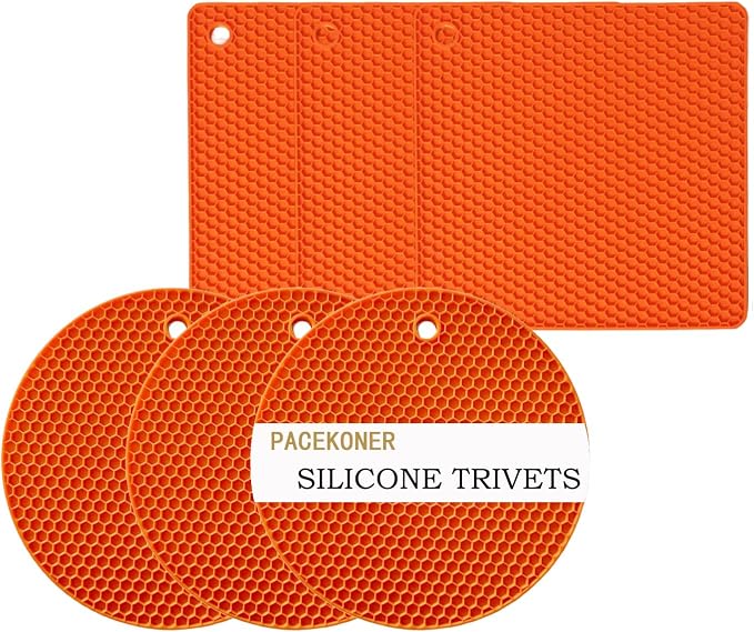 6-Pack Silicone Trivet Mats, Heat Resistant Hot Pads, Dishwasher Safe Kitchen Mats, BPA-Free Pot Holders for Table, Countertop, Stove, Honeycomb Design (Orange, 7” Square/Round)