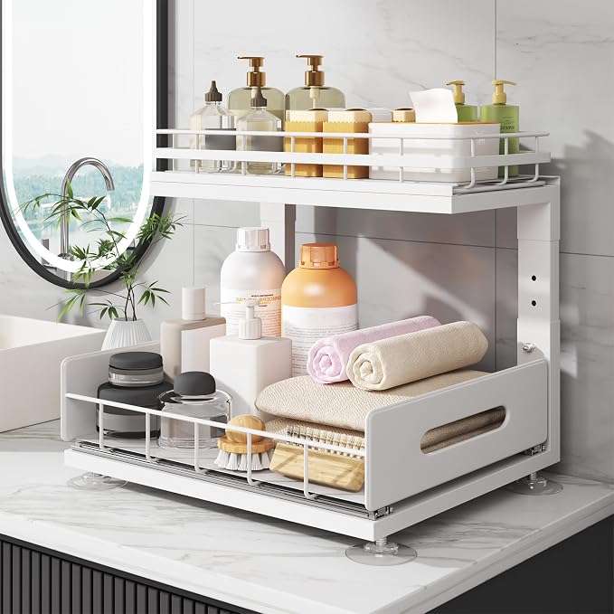 Under Sink Organizer Upgrade To Professional Rails,2-Tier Dual Pull Out Cabinet Storage,Height Adjustable Slide Out Drawers For Bathroom Kitchen,2 Pack-14.5" Dx12.8-16.9" H,White