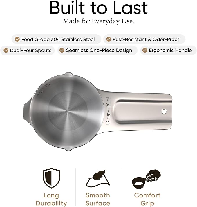 Color Up Measuring Cup Set, 8 Piece, Copper and Chrome Finish, Stainless Steel, Accurate for Wet & Dry Ingredients, Embossed Markings, Easy Pour Spouts, Dishwasher Safe, Kitchen Essential (Stainless)