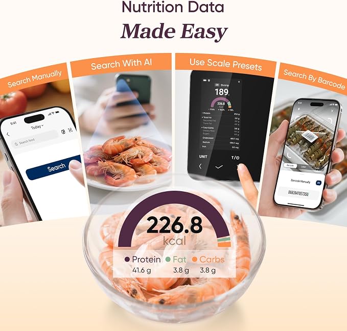 Cosori Smart Food Scale with Nutritional Calculator, USB Rechargeable, 11lb | AI Food Scan, Barcode Scan, 50 Food Preload, Free APP with 19 Nutrients, Calorie & Macro Tracking for Weight Loss