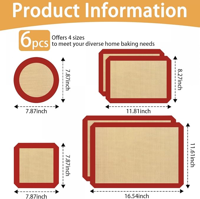 SenseYo 6 Pcs Silicone Baking Mat Non Slip Reusable BPA Free Silicone Rectangular Bakeware Sheet Liner for Cookies Pastry Bread Dough Prep Oven Counter (Red)
