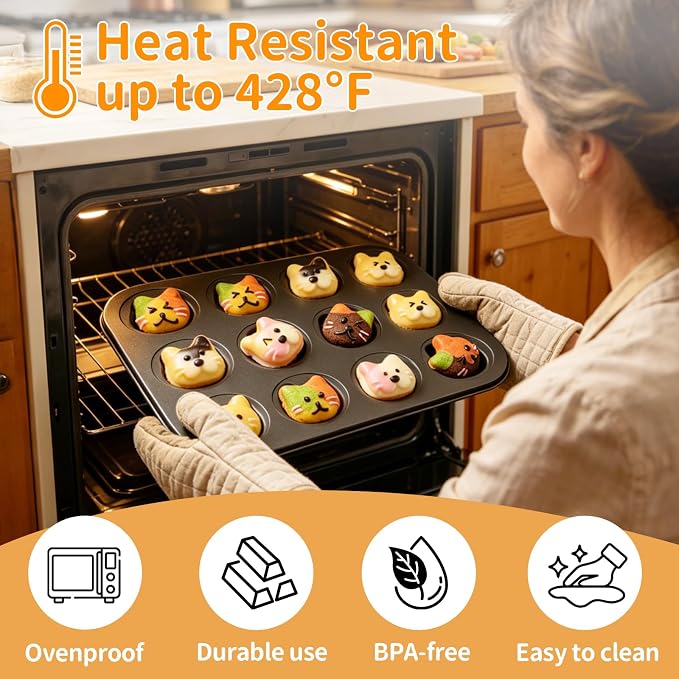 Mini Cat Shaped Muffin Pans, 12 Cavity Non-Stick Madeleine Mold Cake Pan, Mini Muffin for Edible Cat Cake Topper Decoration Shower Birthday Party Decorations