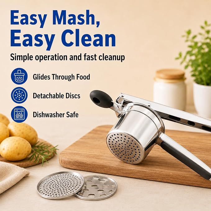 15 oz Stainless Steel Potato Ricer with 3 Interchangeable Plates, Large Capacity, Dishwasher Safe, Silicone Handles, Perfect for Mashed Potatoes, Baby Food, Vegetables & More