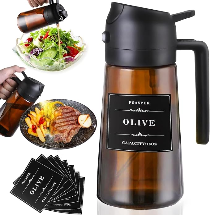 2 In 1 Oil Sprayer for Cooking, 16oz Olive Oil Dispenser Bottle for Kitchen with Light Blocking, Food-Grade Glass Oil Spray Pourer Mister for Air Fryer, Salad, BBQ (Dark Brown, 8 Labels Included)