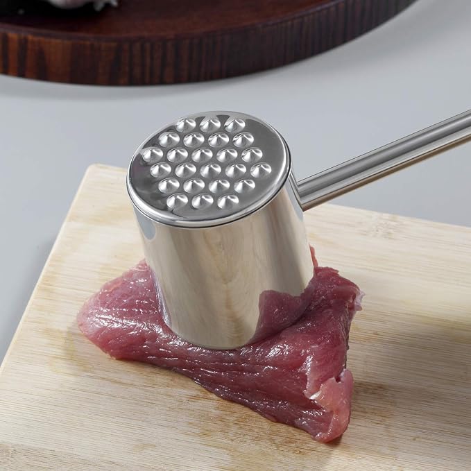 Meat Tenderizer Tool - Dual Sided Stainless Steel Mallet Hammer with Ergonomic Handle for Tenderizing & Flattening Meats