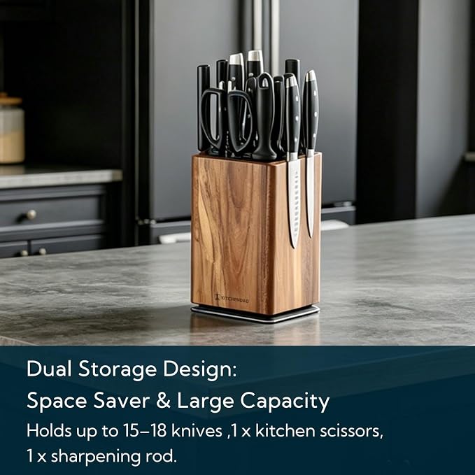 KITCHENDAO Magnetic Knife Block without Knives, 360° Rotary Acacia Wood Knife Holder, Large Universal Knife Storage with Magnet, Countertop Butcher Block Knife Stand for Easy Kitchen Storage