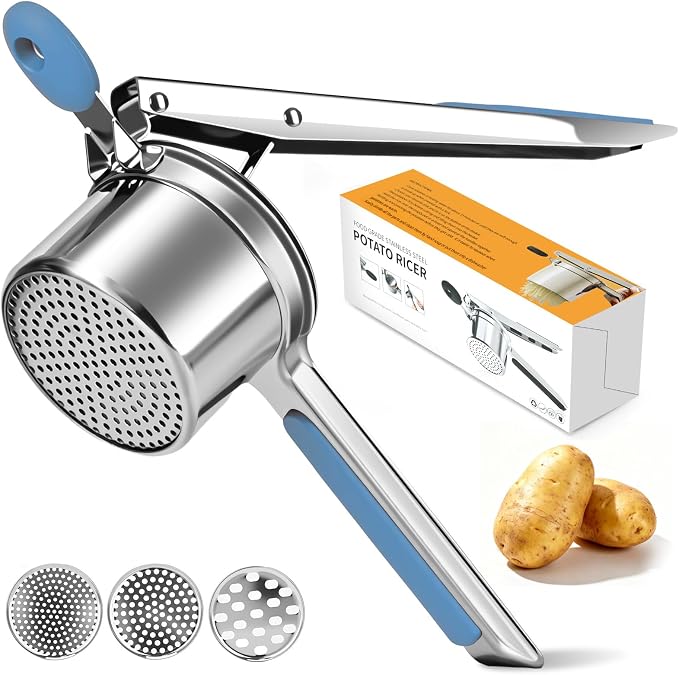 Potato Ricer for Mashed Potatoes-Stainless Steel 15oz | Large Capacity,All Clad,Heavy Duty,Ergonomic Handle for Spaetzle,Oranges, Lemons, Pumpkins, Carrots, Avocados(BLUE)