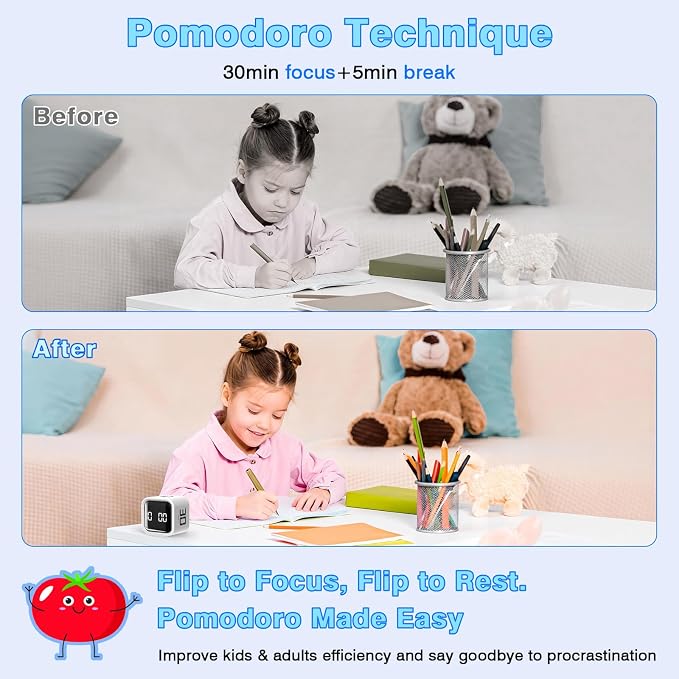 Cube Pomodoro Timer, Smart Productivity Timer 5/10/30/60 Minutes & Custom Countdown, Pause & Resume, Adjustable & Silent Visual Timer, Portable Rotation Multi Desk Timer for Study Task Work Kitchen