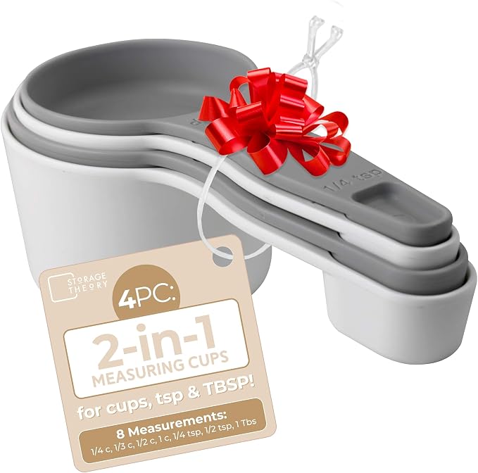 Storage Theory 2-in-1 Measuring Cups & Spoons Set (4-Piece) - Nesting Space-Saving Kitchen Gadget - BPA-Free Food Grade Plastic - Dishwasher Safe for Baking, Cooking, Coffee - White/Gray