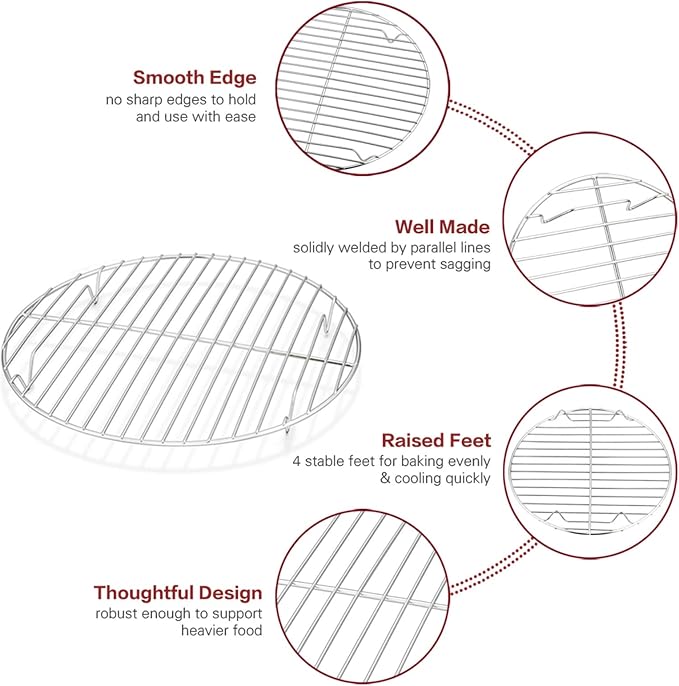 TeamFar Round Cooling Rack Set of 2, 10½ Inch Round Wire Baking Steaming Roasting Rack Set Stainless Steel, Healthy & Mirror Finish, Oven & Dishwasher Safe