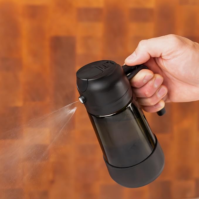 MBO 2-in-1 Olive Oil Spray Bottle for Cooking – 16oz / 470ml Glass Dispenser with Silicone-Encased Base, Mist & Pour Spout – Refillable Kitchen Gadget for Air Fryer, Salad, BBQ (Black/Green/Black)