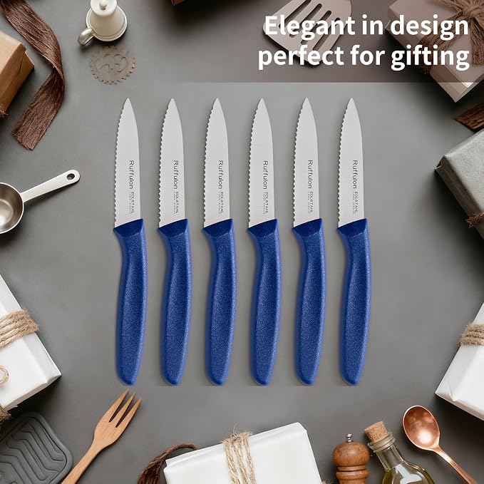 Stainless Steel Paring Knife With Serrated Blade, 6 Pieces Set Vegetable and Fruit Knife, Ultra Sharp Small Kitchen Knife, Blue Paring Knives with PP Plastic Ergonomic Handle.