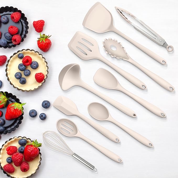 10 Pack Kitchen Utensils Set for Cooking, Leonyo Silicone Cooking Utensils Set, 446°F Heat Resistant Silicone Kitchen Tool with Turner Spatula, Soup Ladle, Serving Spoon for Nonstick Cookware - Khaki