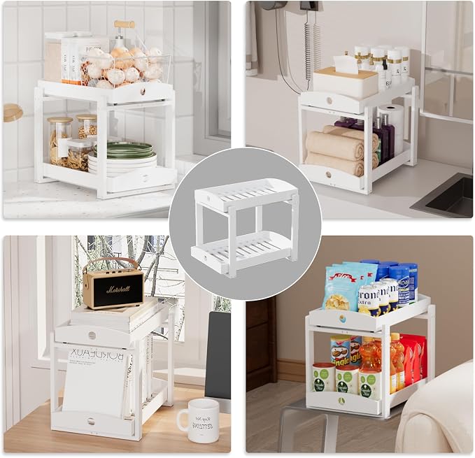 2 Pack Bamboo Under Sink Organizer, 2-Tier Pull-Out Drawers, Kitchen & Bath | Pull-out drawers keep cleaners and tall bottles visible, organized and easy to reach in kitchen or bathroom cabinets