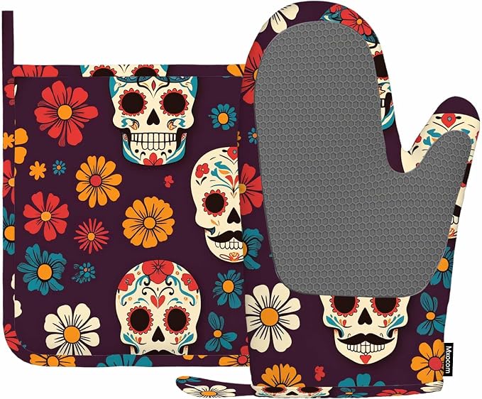 Mxocom Day of The Dead Oven Mitts and Pot Holders Sets Sugar Skulls and Flowers Seamless Pattern on Dark Background Silicone Heat Resistant Kitchen Oven Gloves Pot Holder for Cooking