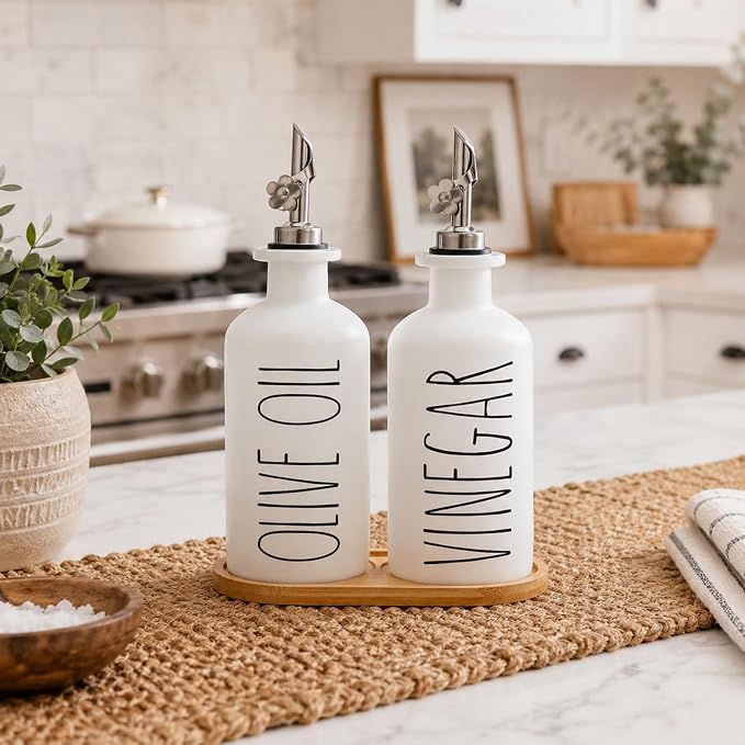 HOMCDALY Premium Olive Oil Dispenser for Kitchen, 11.8oz Glass Oil Bottles with Bamboo Tray, White Oil&Vinegar Cruet Set, Kitchen Dispenser Bottles with Pourer| Set of 2 (11.8oz –P–White)