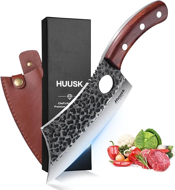 Huusk Meat Cleaver Knife, Hand Forged Butcher Knife for Meat Cutting, Full Tang Viking Knives with Sheath, Japanese Chef Knives for Outdoor Cooking, Camping, BBQ, Father Gift for Man and Women