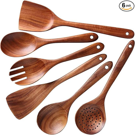 6-Piece Teak Wood Cooking Utensil Set, Wooden Spoons for Cooking | Durable, Non Toxic, Non-Stick, Smooth Finish, Easy to Clean, Comfort Grip, House Warming Gift