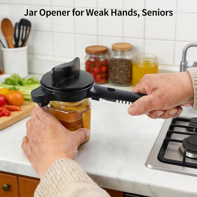 Jar Opener for Weak Hands, Seniors with Arthritis, 4-in-1 Multi-Purpose Lid Opener Includes Magnetic Hook & Rubber Gripper for Jars, Bottles and Beer Caps (Black)