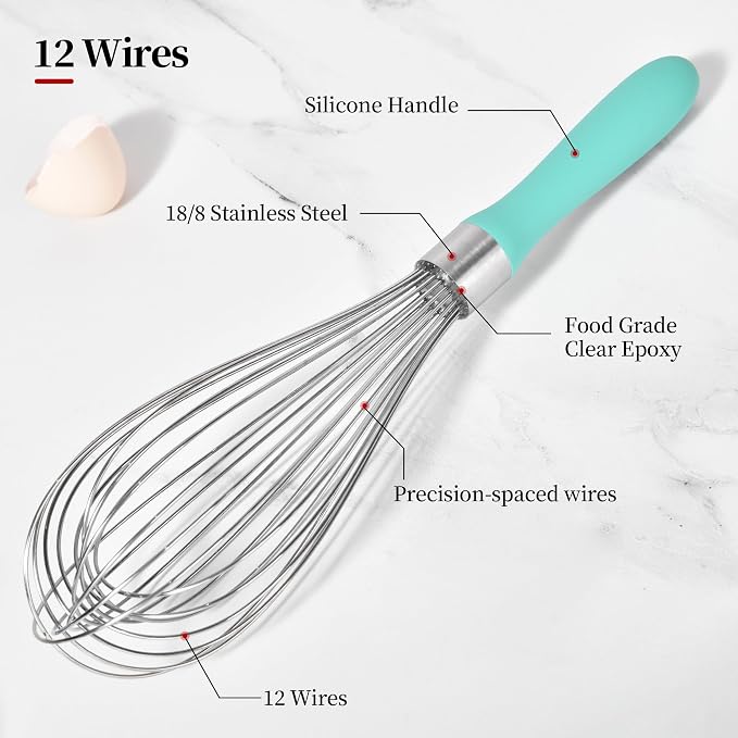 18/8 Stainless Steel Balloon Whisk for Cooking (Large, Aqua Sky) | Heavy Duty Metal Kitchen Wire Whisker Wisking Tool Egg Beater Hand Mixer for Mixing Baking Beating Stirring Sauce Flour