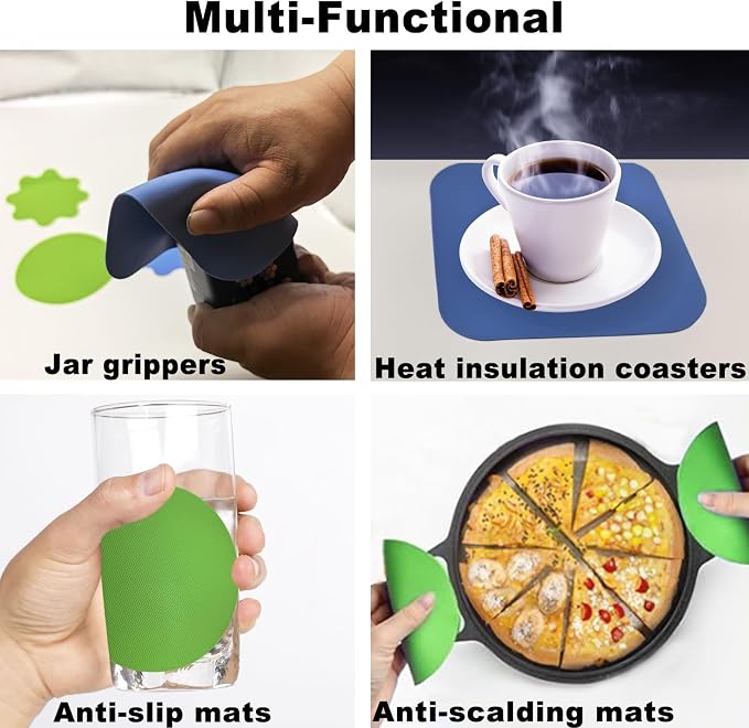 4 Pcs Rubber Jar Opener Gripper Pads Multi-function Bottle Openers | Non-Slip Silicone Jar Opener for Seniors, Arthritis, Weak Hands – Easy to Twist Off Small & Large Lids, Blue & Green Set
