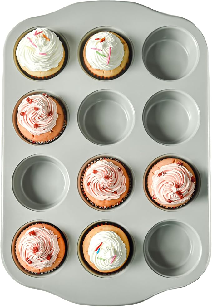12-Cavity Muffin Pan, Nonstick Ceramic Cupcake Pan, Heavy-Duty 0.6mm Aluminum, Easy-Release Bakeware for Home Bakers & Holiday Treats, Grey