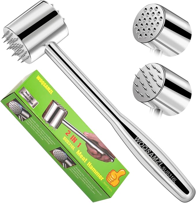 2-in-1 Real 316L Stainless Steel Meat Tenderizer Mallet Hammer,Dual-Sided Meat Tenderizer Tool with 19 Sharp Needles Spikes,Heavy Duty 1.09lbs Versatile Kitchen Pounder,Solid & Dishwasher Safe