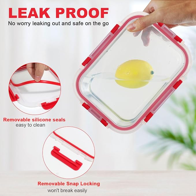 30 Pieces Glass Food Storage Containers Set, Red | Meal Prep Containers Set, Snap Locking Lids, Airtight Glass Lunch Containers, Microwave, Oven, Freezer & Dishwasher Safe