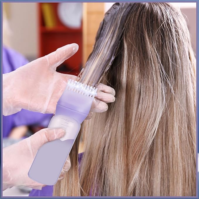 Pimoys 6Oz Root Comb Hair Dye Oil Applicator Bottles for Scalp, Purple | Plastic Squeeze Bottle Dispenser with Graduated Scale, Comb Tip Applicator For Hair Coloring Scalp Oiling, Home Salon Use