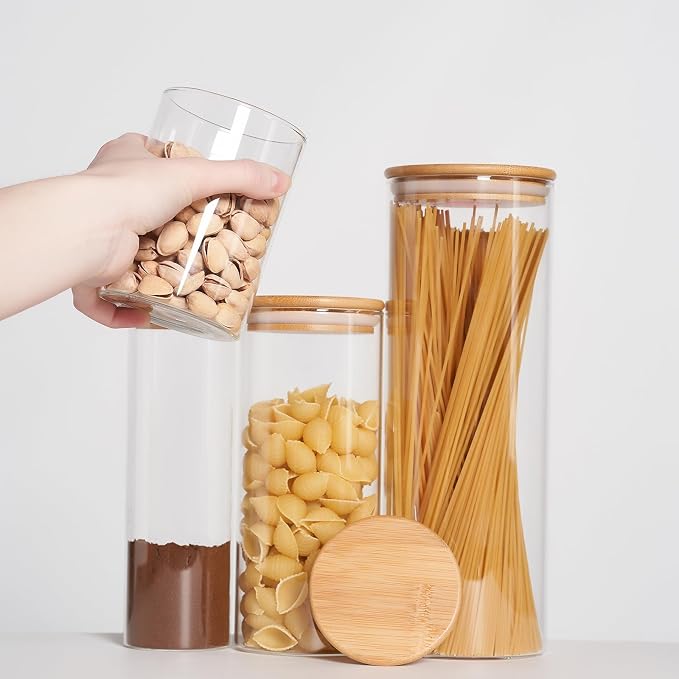 SHOWIN Glass Food Storage Jars, Glass Jars with Bamboo Lids, Kitchen Storage Jars, Canisters with Airtight Lids for Spice, Coffee, Cookie, Set of 7, Pantry Organizers