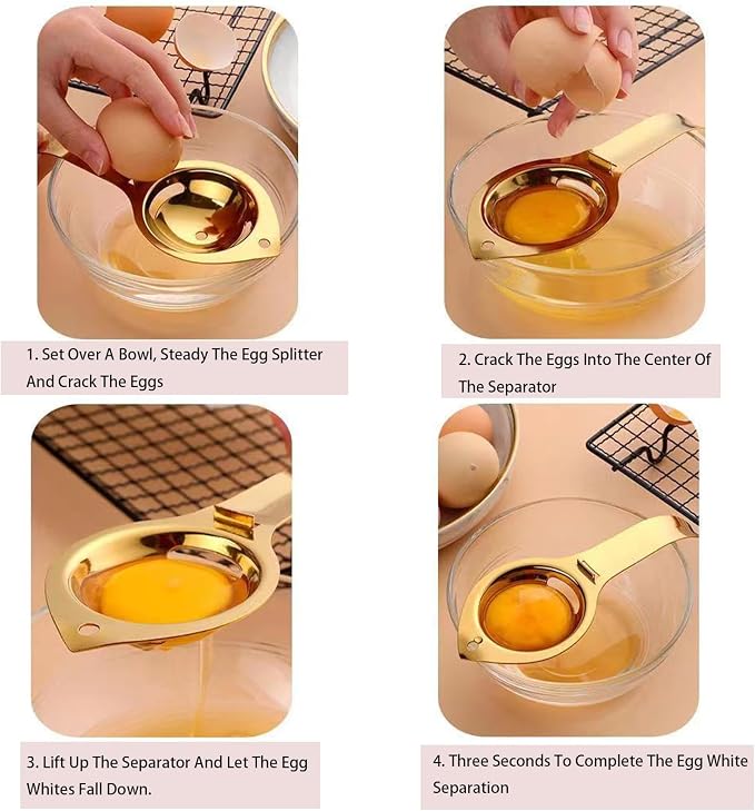 Stainless Steel Egg Yolk Separator with Long Handle, Egg Yolk White Separation Tool, Egg Strainer and Extractor for Cooking and Baking, Gold