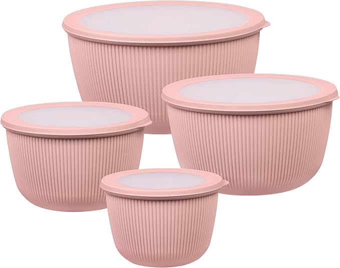 BoxedHome 4.97 Quarts Mixing Bowls with Lids Set, 4 Packs BPA-Free Plastic Prep Bowls for Kitchen, Dishwasher & Microwave Safe, Pink