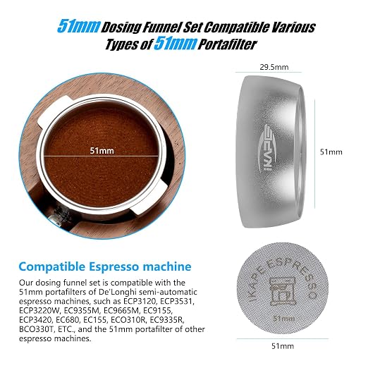 IKAPE Dosing Funnel Set Silver, 51MM Espresso Dosing Ring & Puck Screen Kit Compatible with 51 mm Bottomless Portafilter