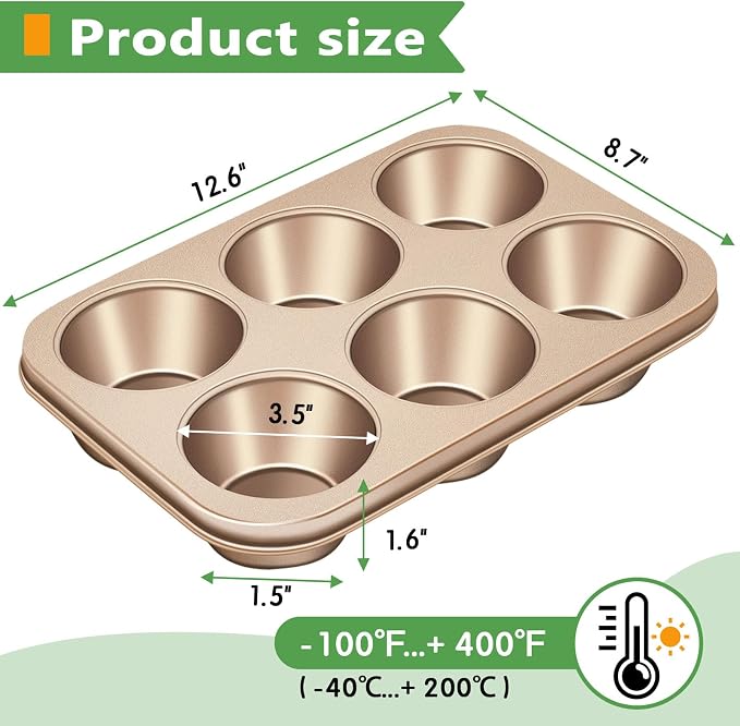 Kevenal Jumbo-Muffin-Pan - Nonstick 6-Cup Large Cupcake Pan, Heavy Duty Giant Muffin Baking Pan for Cupcakes, Oven Safe & Easy to Clean (Large Cup Size, 3.5 x 1.5in)