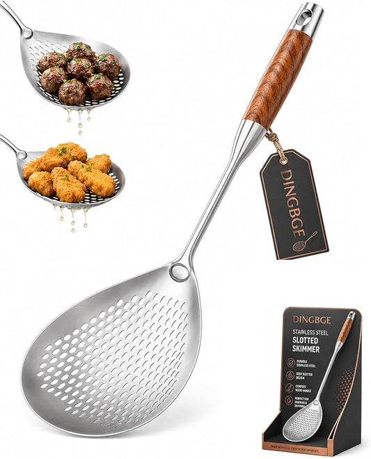 Wooden Handle Stainless Steel Skimmer Spoon Spider Strainer Slotted Scoop Frying Ladle Kitchen Gadgets Deep Fryer Cooking Draining Pasta Noodle Hot Pot Dumpling Seafood 304 Long(1PC)