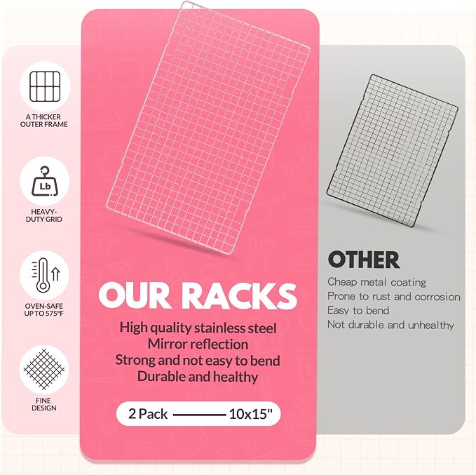 2 PCS Cooling Racks for Cooking and Baking, 16x10 Inches Stainless Steel Cooling Rack, Sheet Pan with Wire Rack for Baking Sheet, Bacon Rack Oven Safe Fits Jelly Roll Sheet Pan