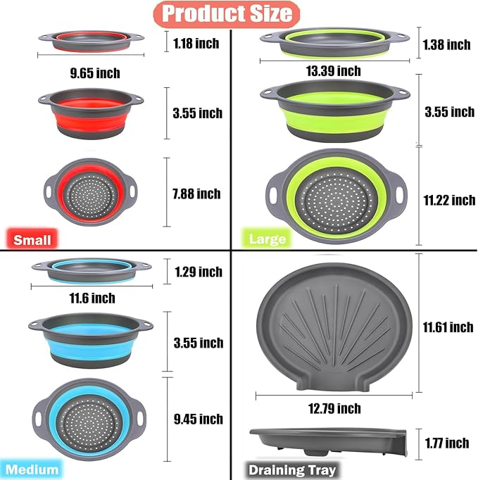 Collapsible Colanders Food Strainers, 3-Pack Foldable Kitchen Strainers with Over-Sink Water Draining Tray, Space Saving Kitchen Drainer for Vegetables, Fruit, Pasta and Rice (Blue-Red-Green-Gray)