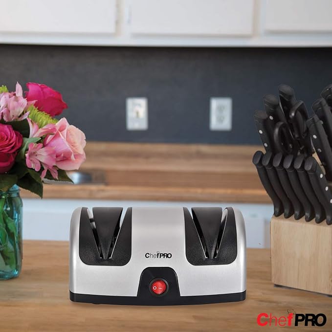 ELECTRIC KITCHEN KNIFE SHARPENER AND POLISHING SYSTEM by CHEF PRO, 2-Stage Sharpening, Compact And Easy-to-Use Design, Suction Cup Bottom and Easy Cleaning, Black-Silver