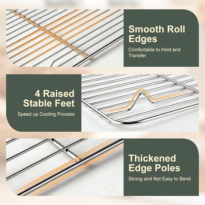 Baking Sheet with Rack Set (2 Pans + 2 Racks), 16 x 12 x 1 Inch Stainless Steel Cookie Sheet Baking Pan Tray with Cooling Rack, Jelly Roll Pan with Wire Rack, Warp Resistant & Heavy Duty & Rust Proof