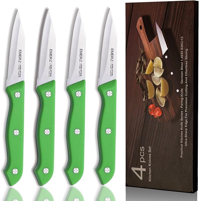 Paring Knives Set of 4, Stainless Steel Paring Knife Set,3.5inch,Ergonomic PP Triple Rivet Handle,Sharp Small Kitchen Knives for Cutting Peeling Coring,Pairing Knives for Fruit,Green