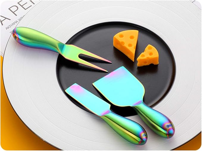 4 Pieces Stainless Steel Cheese Knives Set,Stainless Steel Cheese Knives, Cheese Cutter , Cheese Slicer, Cheese Fork -Rainbow Color