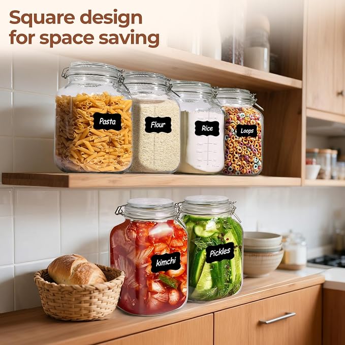 ComSaf Large Square Glass Jars with Airtight Lid 1 Gallon 2 Pack Wide Mouth | Flour sugar rice, Kombucha, Bulk pantry organization, Measurement marks, Pickling fermenting, Snacks, Sourdough pickling