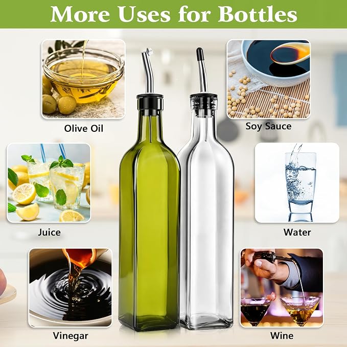 Leaflai Glass Olive Oil Dispenser Bottle Set of 2, 17oz/500ml Kitchen Oil and Vinegar Cruet with Airtight Stainless Steel Pourer Spout, Funnel & Brush, Cooking Essentials for Salad Dressing (Clear)