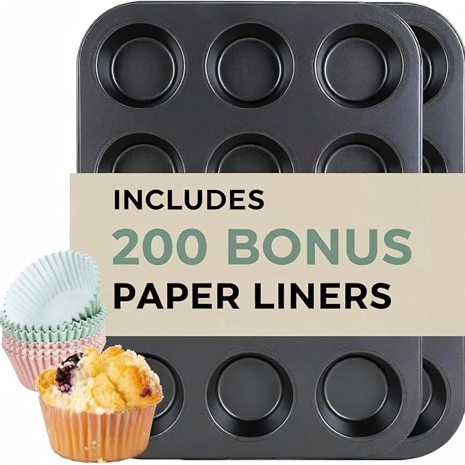 CARTMAN 2-Pack 12-Cup Muffin Pan Set, Carbon Steel Nonstick Cupcake Tin | Includes 200 liners, durable carbon steel, nonstick release, for cupcakes, muffins, egg bites, brownies, oven safe 450°F