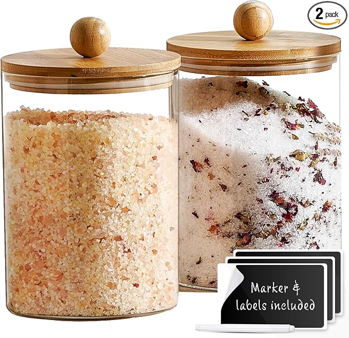 Le'raze Set of 2 Glass Canisters for Kitchen Counter with Airtight Bamboo Lids + Marker & Labels - 68oz. Large Cookie Jars Wooden Lid, Food Storage Containers Pantry, Flour, Sugar, Pasta, Candy.