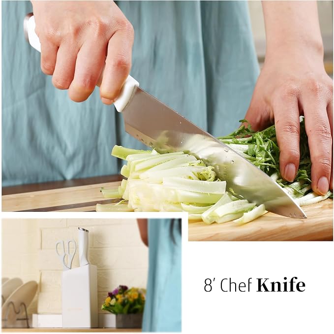 White Knife Set with Block, 7 Pieces Small Knife Block Set with Stainless Steel Blade Ergonomic Handle, Kitchen Knives Set Gifts for Chef
