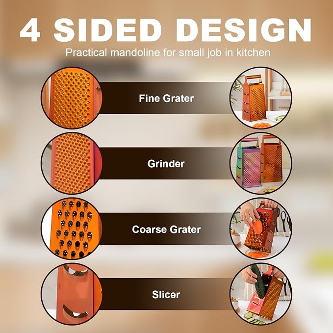 Handheld Cheese Grater Box for Kitchen, Stainless Steel 4 Sided Cheese Grater with Handle for Grinding Shredding & Slicing, Dishwasher Safe (Sunset Red)